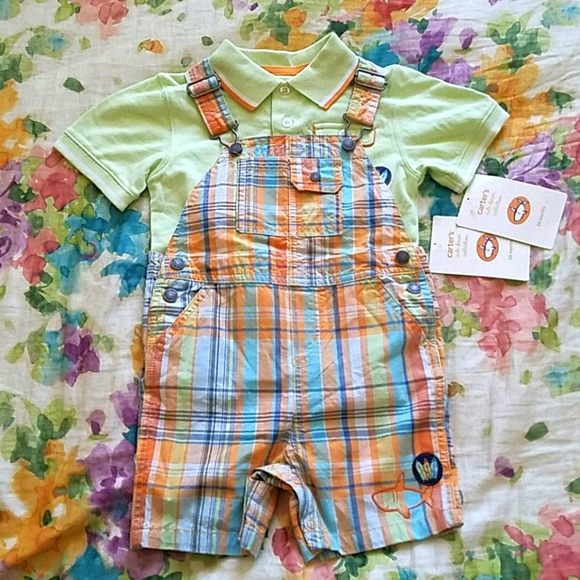 NWT Vintage Carter's Orange/blue plaid shark overalls. Baby's size 24 months. - Picture 3 of 5